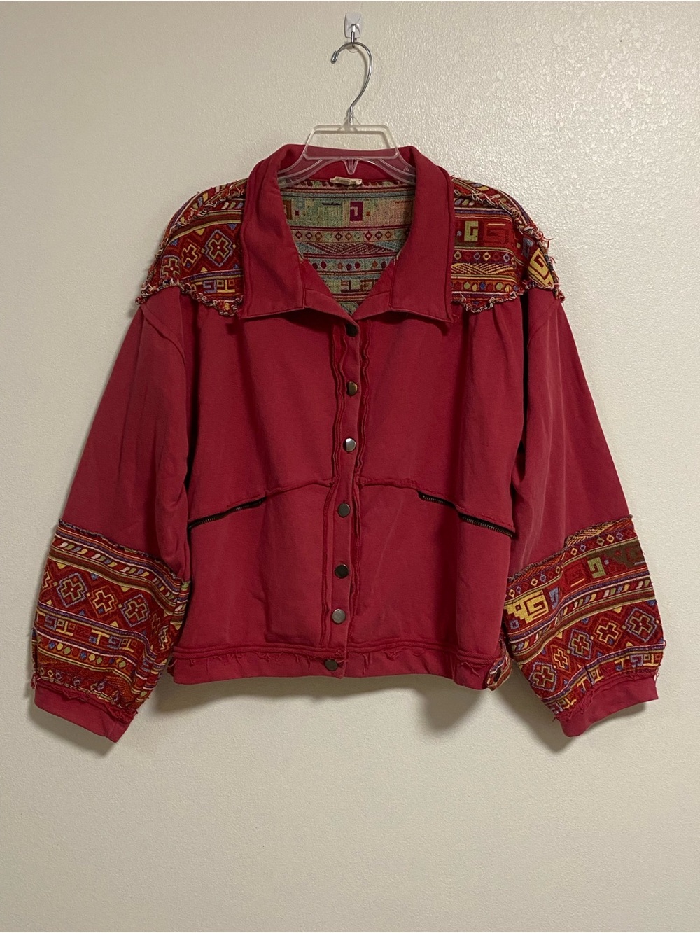 POL Embroidered Shirt Jacket Women’s Size Large Distressed Red Boho Jacket